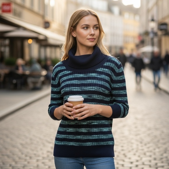 Carolyn Taylor Cowl Neck Blue Striped Sweater - Picture 2 of 10